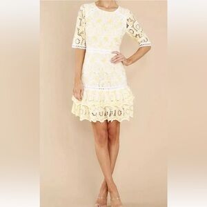 Just Me Yellow White Lace Floral Eyelet Ruffle Tiered Mini Dress S